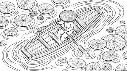 A person rows a boat through a sea of limes in a black and white illustration with a parasol on their head. © Ajoy