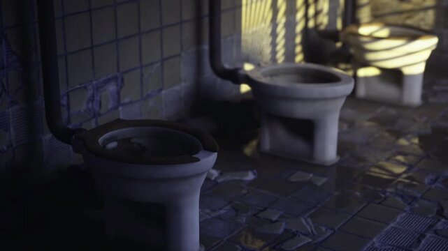 Closeup view of derelict toilet bowls with patterned light and wet tile reflections, focus on texture, porcelain wear, grout lines and moody contrast