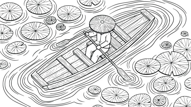 A person rows a boat through a sea of limes in a black and white illustration with a parasol on their head.