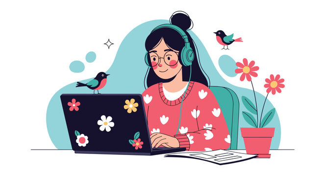 Creative girl with headphones works on her flower decorated laptop at a desk surrounded by singing birds and potted flowers.