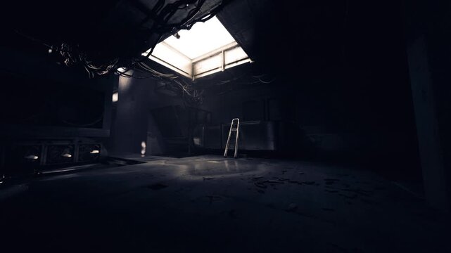 Dark interior attic with light shaft, narrow rung casting long silhouette, gritty grain and high contrast shaping noir mood, derelict architecture suggests