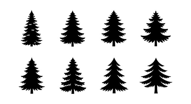 Black pine tree silhouettes, set of 8 evergreen conifer icons, minimalist forest fir and spruce vector elements for winter holiday design