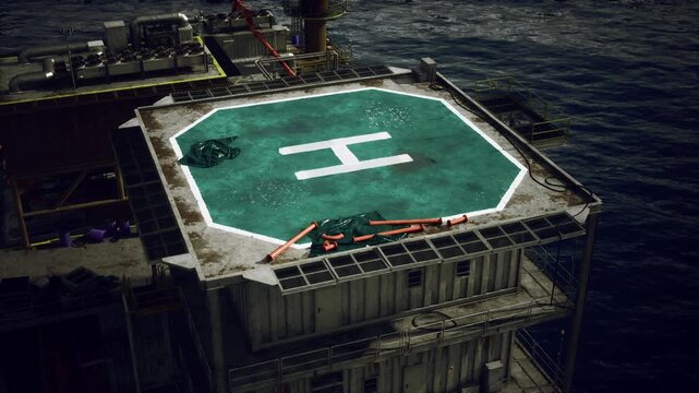 Closeup helipad deck on oil rig showing worn markings and inspection details. Tight framing reveals faded paint, tiedown rings, metal grating and surface
