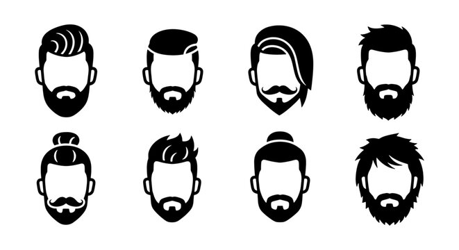 Barbershop men hairstyle icons set, male beard and mustache silhouettes, collection of 8 masculine hair style vector avatars for grooming salon branding