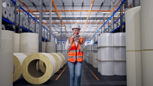 Front View of Asian Female Engineer Use Smartphone While Walking at Warehouse with Rows of Stacked White Polymer and Paper Rolls