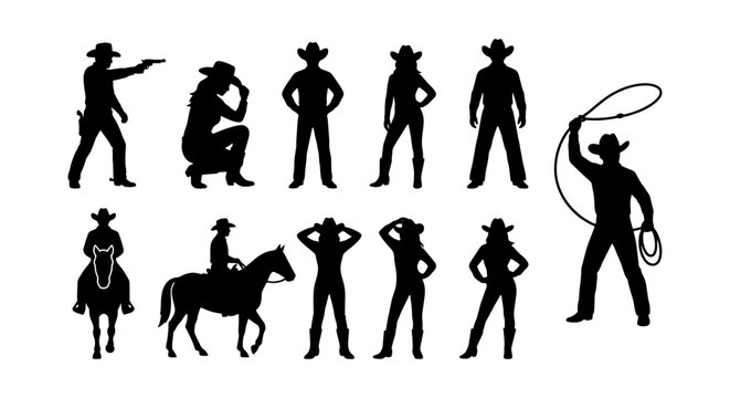 Wild West cowboy silhouettes set, 11 western character vector elements, black cowgirl and horse rider figures, isolated outlaw and sheriff shapes