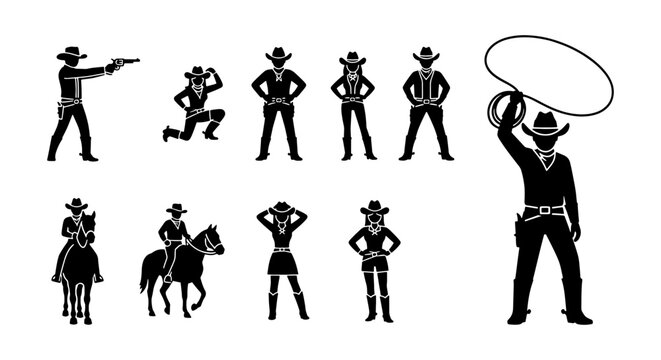 Vintage cowboy silhouette set, 10 wild west character icons, western outlaw and cowgirl vector graphics, black rancher figures with lasso and horse