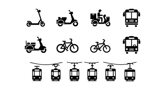 Urban transportation icons set, black silhouette city vehicle symbols, 14 public transit and personal mobility vector elements for maps and infographics