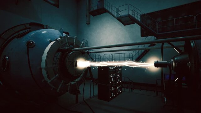 Prototype engine endurance run inside testing bay with sustained plume, reinforcement frame, diagnostic panels and muted teal lighting, conveying reliability