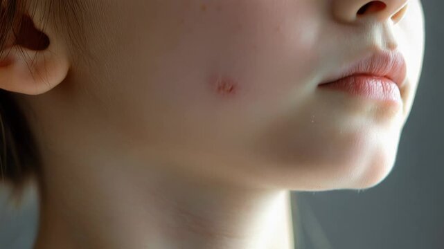 Close-up view of a woman's face with a red pimple or an acne scar on her chin