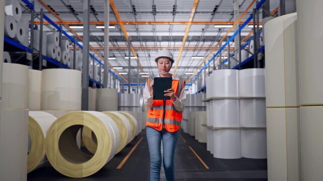Front View of Asian Female Engineer Taking Note on Tablet While Walking at Warehouse with Rows of Stacked White Polymer and Paper Rolls