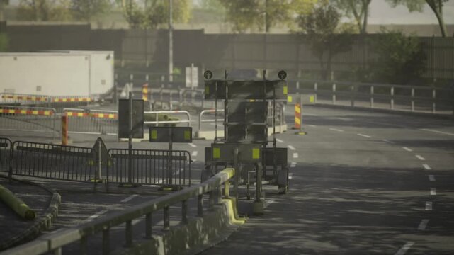 Dusk highway corridor lined with safety barricades and cones, long shadows and warm twilight tones, empty lanes and urban overpass framing moody maintenance