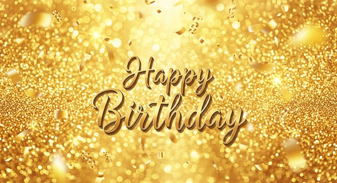 Golden glitter sparkles and confetti fall around elegant "Happy Birthday" text