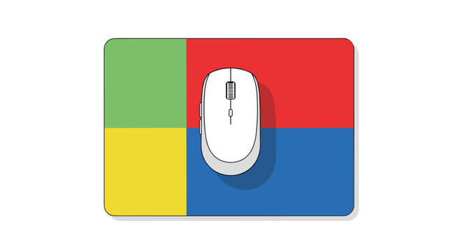A white wireless computer mouse is centered on a vibrant mousepad divided into four distinct quadrants of green, red, yellow, and blue on a white surface.