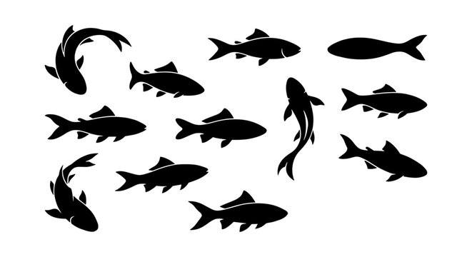 Black fish silhouette collection, 11 aquatic animal vector elements, minimalist sea life icons for fishing and seafood logos