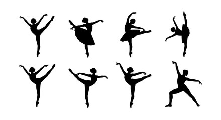 Graceful ballerina silhouettes set, 8 black vector dance figures in elegant poses, classical ballet dancer icons for theater and performance arts © Nilufa