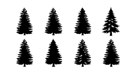 Obraz premium Pine tree silhouette collection, set of 8 evergreen conifer vectors, black spruce and fir tree icons for forest landscape design and winter decor
