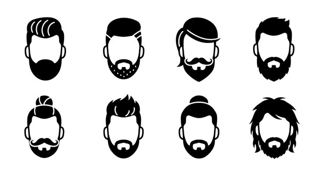 Hipster men hairstyles and beard icons, set of 8 black vector silhouettes, masculine facial hair and barber shop grooming symbols for branding