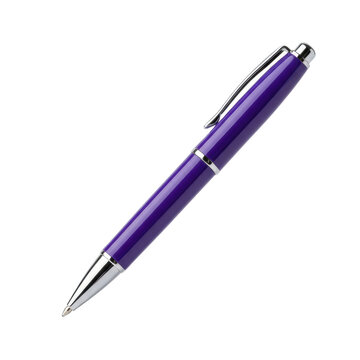 Sleek royal purple ballpoint pen with polished chrome tip and clip resting on a transparent studio background, capturing a minimalist professional elegance