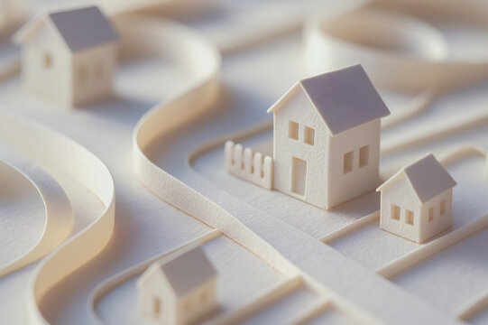 Miniature houses standing on a wavy paper landscape representing a residential area