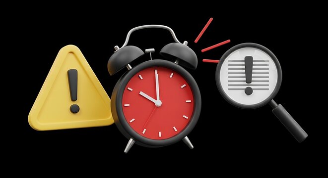 Alert symbols yellow warning, alarm clock, and document search on black background