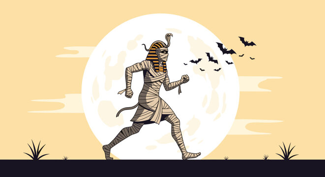 Spooky ancient mummy running through a desert landscape under the light of a giant full moon with bats flying in the sky.