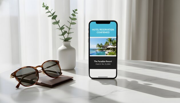 Smartphone displaying a confirmed hotel reservation on a marble table with sunglasses and wallet for a vacation planning concept during a bright sunny morning indoors