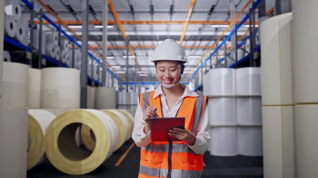 Front View of Asian Female Engineer Taking Note on Tablet While Walking at Warehouse with Rows of Stacked White Polymer and Paper Rolls
