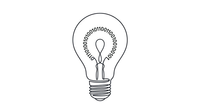 Continuous line forming the silhouette of a classic lightbulb with binary digits integrated into the center on a bright white background with black ink.