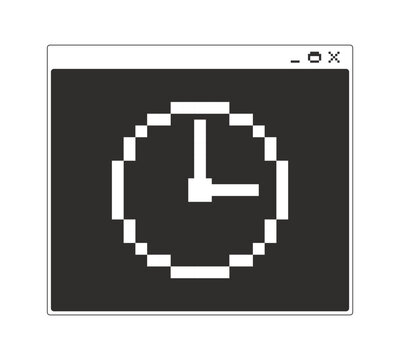 Analog clock monochrome pixel pop-up window. Time tracking. Schedule system timing. Productivity widget. Timer control. Pixelated blocky interface design. Retro 16bit UI overlay. Solid web popup