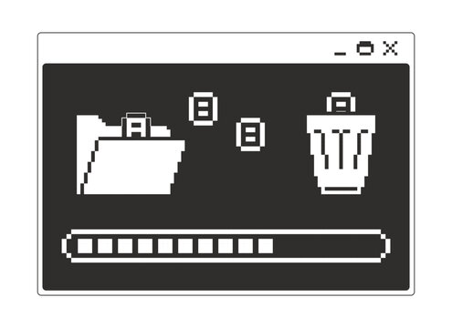 File delete process monochrome pixel pop-up window. Remove action. Progress bar. Documents from folder cleanup. Trash bin. Pixelated blocky interface design. Retro 16bit UI overlay. Solid web popup