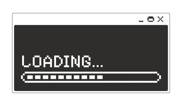 Loading bar process monochrome pixel pop-up window. System progress status. Data processing indicator. Loader panel. Pixelated blocky interface design. Retro 16bit UI overlay. Solid web popup