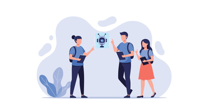 Three diverse university students engage with a floating holographic robot interface within a serene academic environment featuring soft lavender aesthetics.