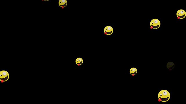 Zany emoji crazy and silly face alpha channel animation, flying emoticons funny vertical social media motion design element