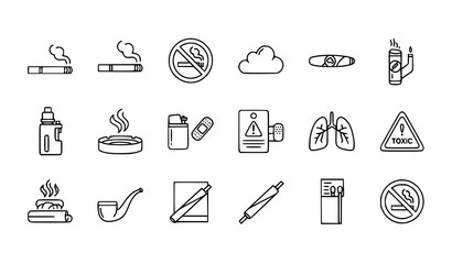 Smoking 15 icon set cigarette vape nicotine warning outline vector collection © MD