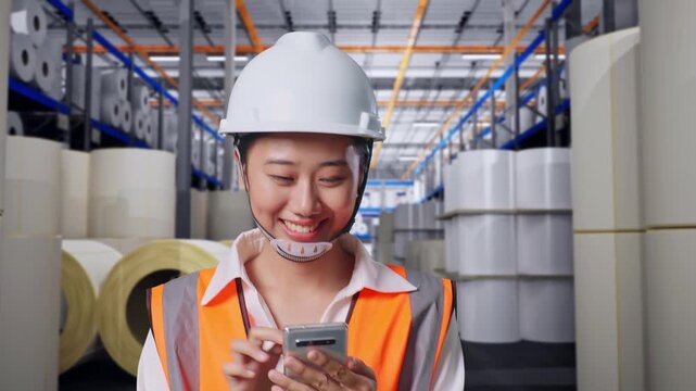 Front View of Asian Female Engineer Use Smartphone While Walking at Warehouse with Rows of Stacked White Polymer and Paper Rolls