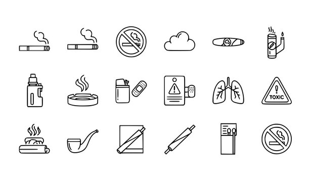 Smoking 15 icon set cigarette vape nicotine warning outline vector collection