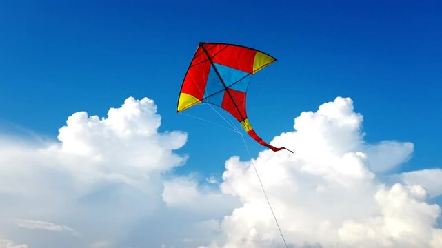 Colorful diamond kite soaring gracefully against a vibrant blue sky with fluffy white clouds, representing freedom and joy.