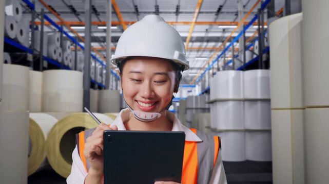 Front View of Asian Female Engineer Taking Note on Tablet While Walking at Warehouse with Rows of Stacked White Polymer and Paper Rolls