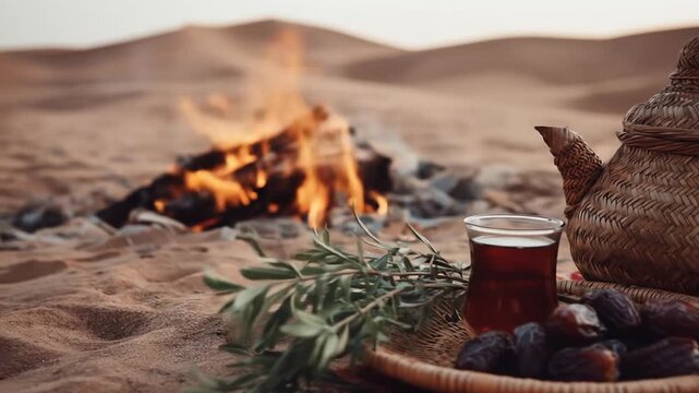 Desert camp scene tea dates fire sand and traditional teapot