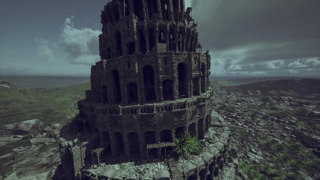 massive stone tower rising above rocky plain under stormy sky, layered colonnades and weathered masonry, terraces overgrown with moss, cinematic aerial
