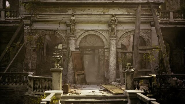 Sunlit ruined facade with cracked columns, threshold strewn with debris and moss, warm glow highlighting classical ornament and weathered relief.