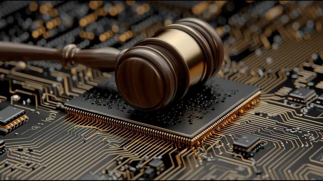 Judges Gavel Hovers Over a Circuit Board in a Digital Courtroom Setting Revealing the Intersection of Law and Technology