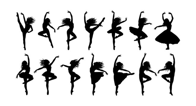 Graceful ballet dancer silhouettes set, 14 elegant ballerina vector elements, black female dancing figures in motion for performance posters