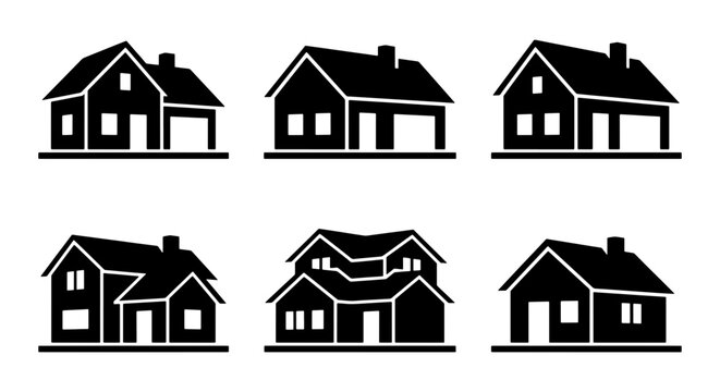 Minimalist house icons set, black silhouette home exterior symbols, 6 residential building vector elements for real estate and architecture maps