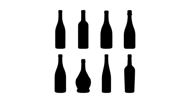 Black wine bottle silhouettes set, 8 glass bottle vector icons for bar and restaurant menus, minimalist alcohol bottle shapes for branding