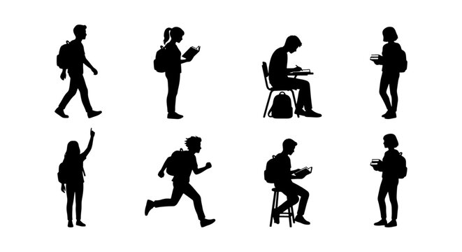 Student silhouette collection, school children with backpacks vector set, diverse group of teenagers studying and walking, black isolated figures