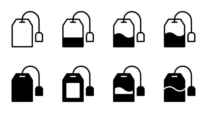 Minimalist tea bag icon set, 8 black and white vector elements for beverage branding, simple linear and solid tea bag symbols for cafe menus
