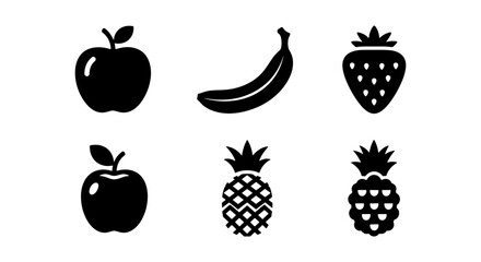 Minimalist fruit icon set with 6 black vector elements, flat solid apple banana strawberry and pineapple symbols, healthy food graphic resources © Nilufa