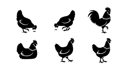 Black chicken silhouette vector set, rustic farm poultry icons, 6 hen and rooster silhouettes for organic food branding and butcher shop logos © Nilufa